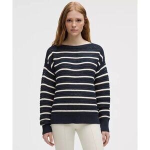 Lululemon Cotton Crochet Pullover Sweater Club Blue/Light Ivory XL Open-Knit